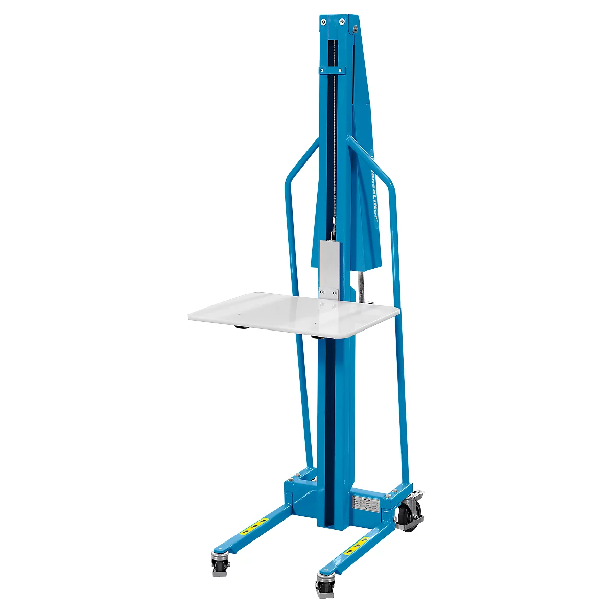 Blue lifter with white platform. Standing on wheels. Details: lettering, yellow warning signs.