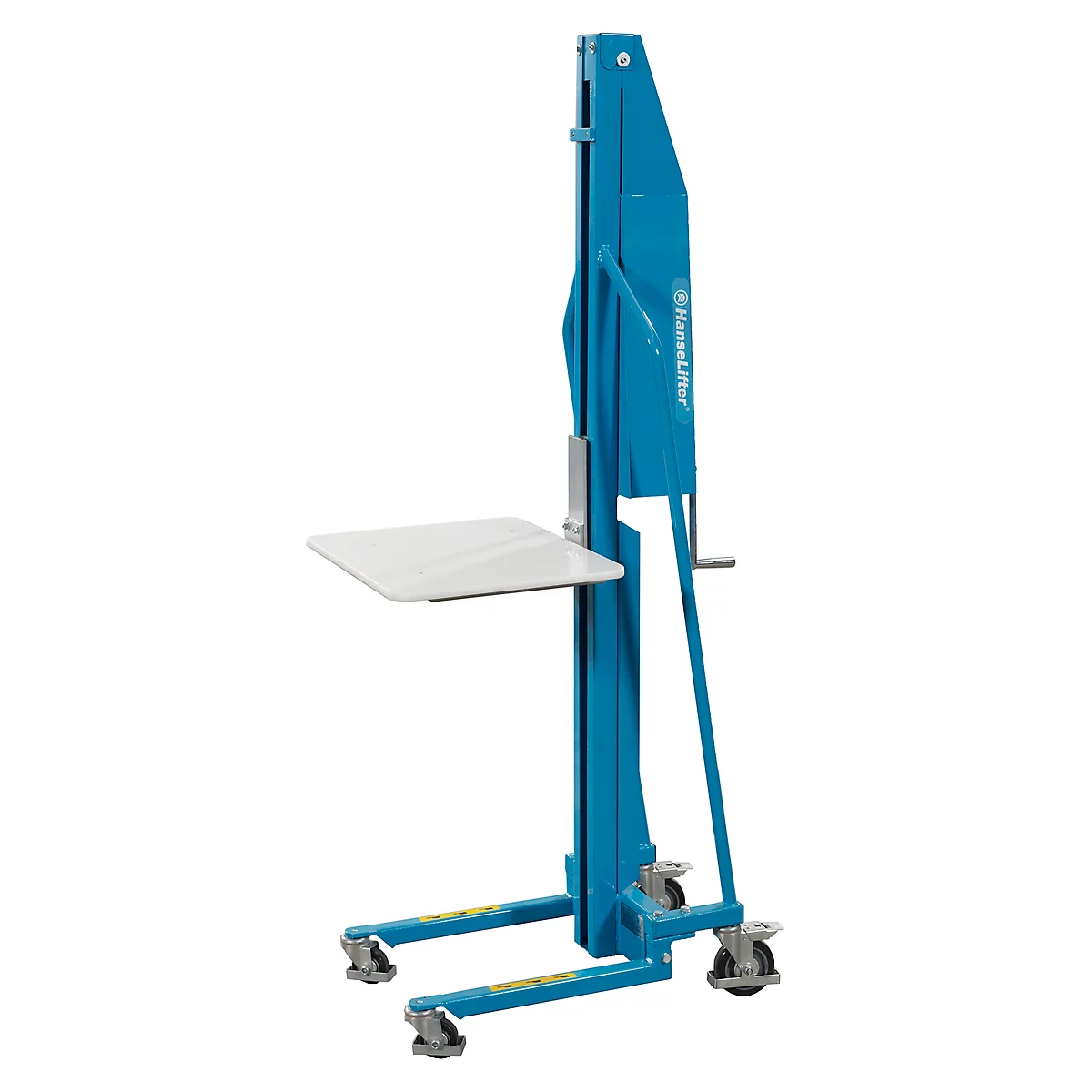 Blue lever lifter with white platform and wheels. Manufacturer's logo.
