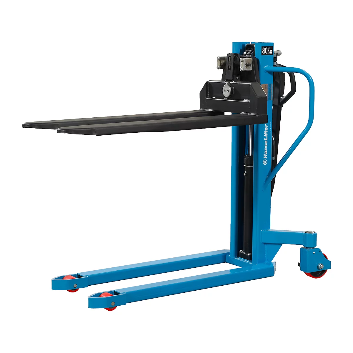 Blue forklift against white background. Black forks stand out. Red rollers. Inscription: HanseLifter.