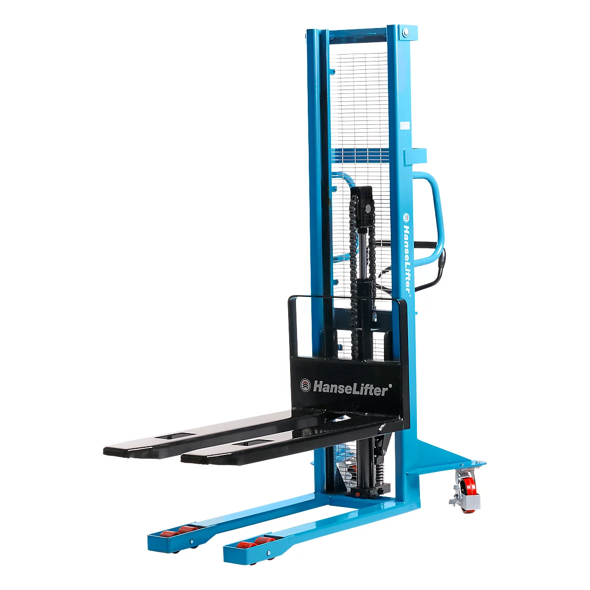 Blue hand pallet truck with black forks and the lettering HanseLifter.