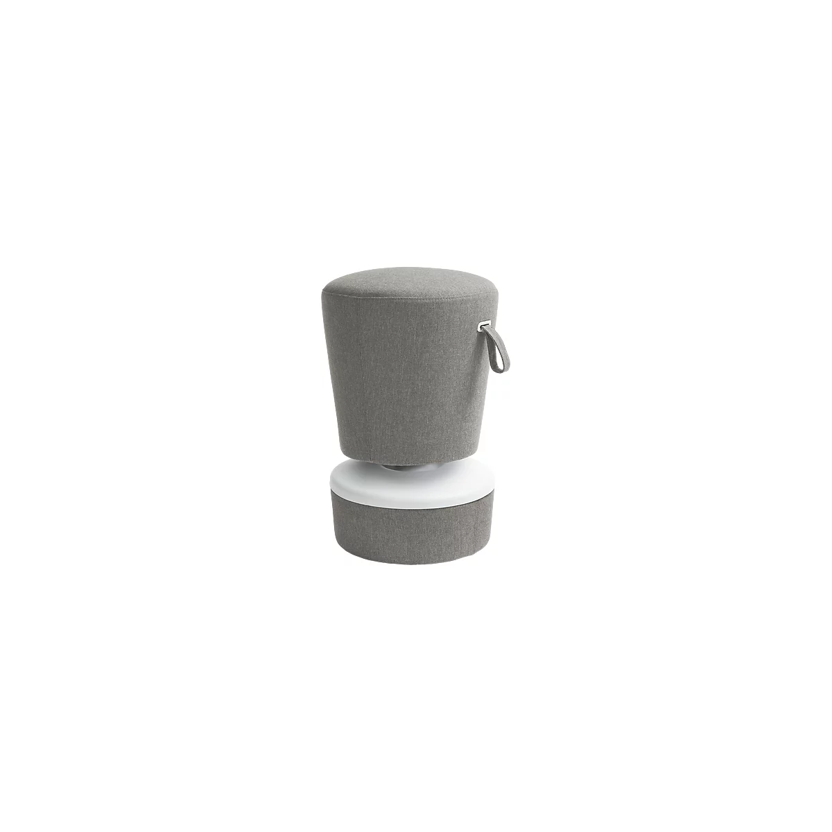 Grey cylindrical stool. The top part is upholstered, the bottom part is white. With a small handle.
