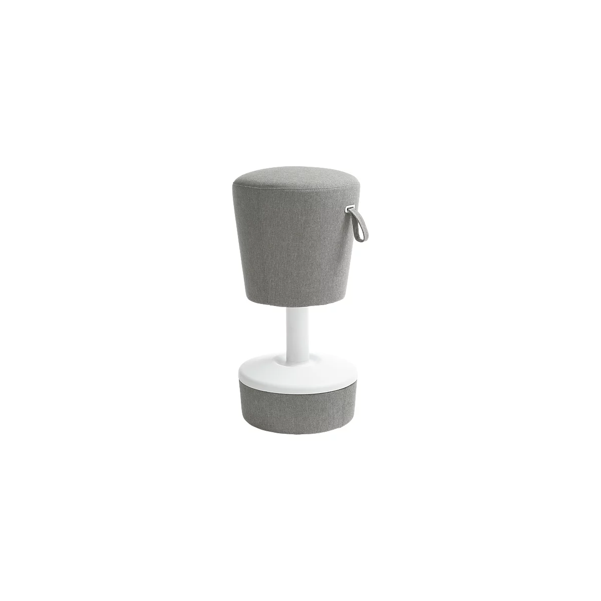Grey standing stool with white base. A handle is attached to the stool.
