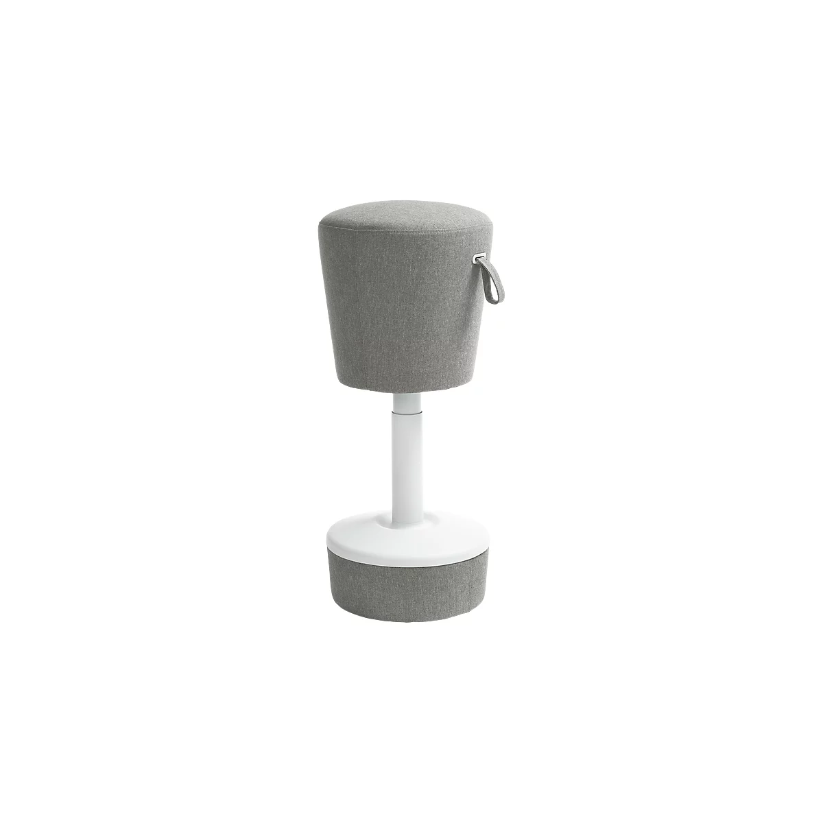 Stool with gray fabric cover, white base and handle.