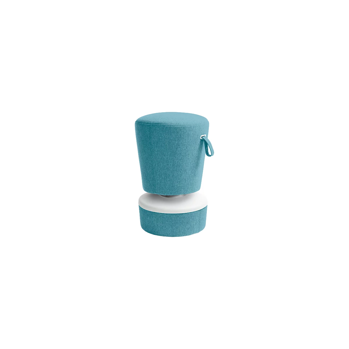Turquoise and white stool. The upper part is cylindrical and has a handle, the lower part is white.