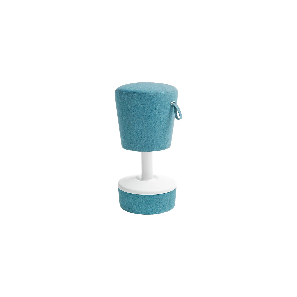 Teal standing stool with white frame and carrying loop.