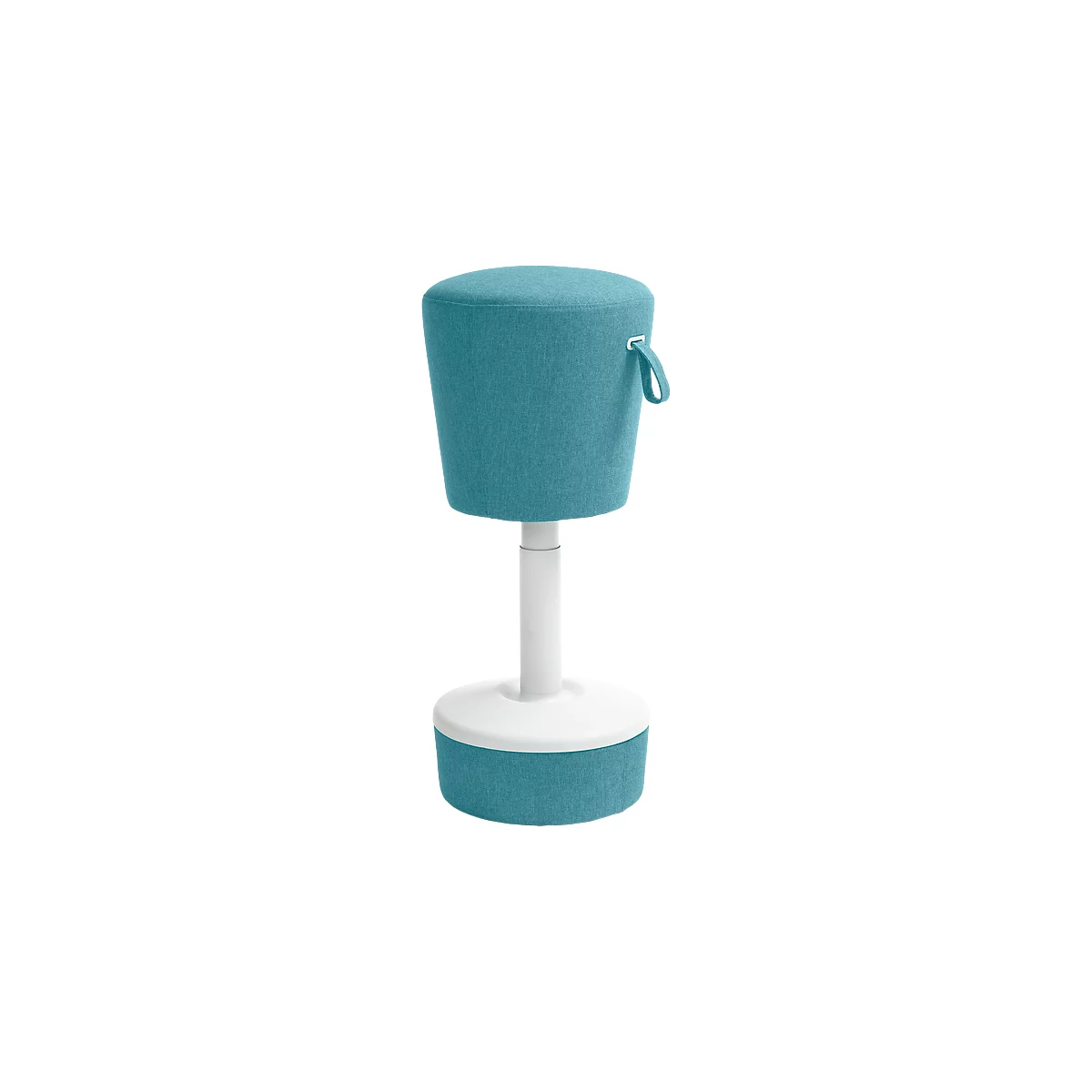 Stool with blue fabric cover, white frame and handle.