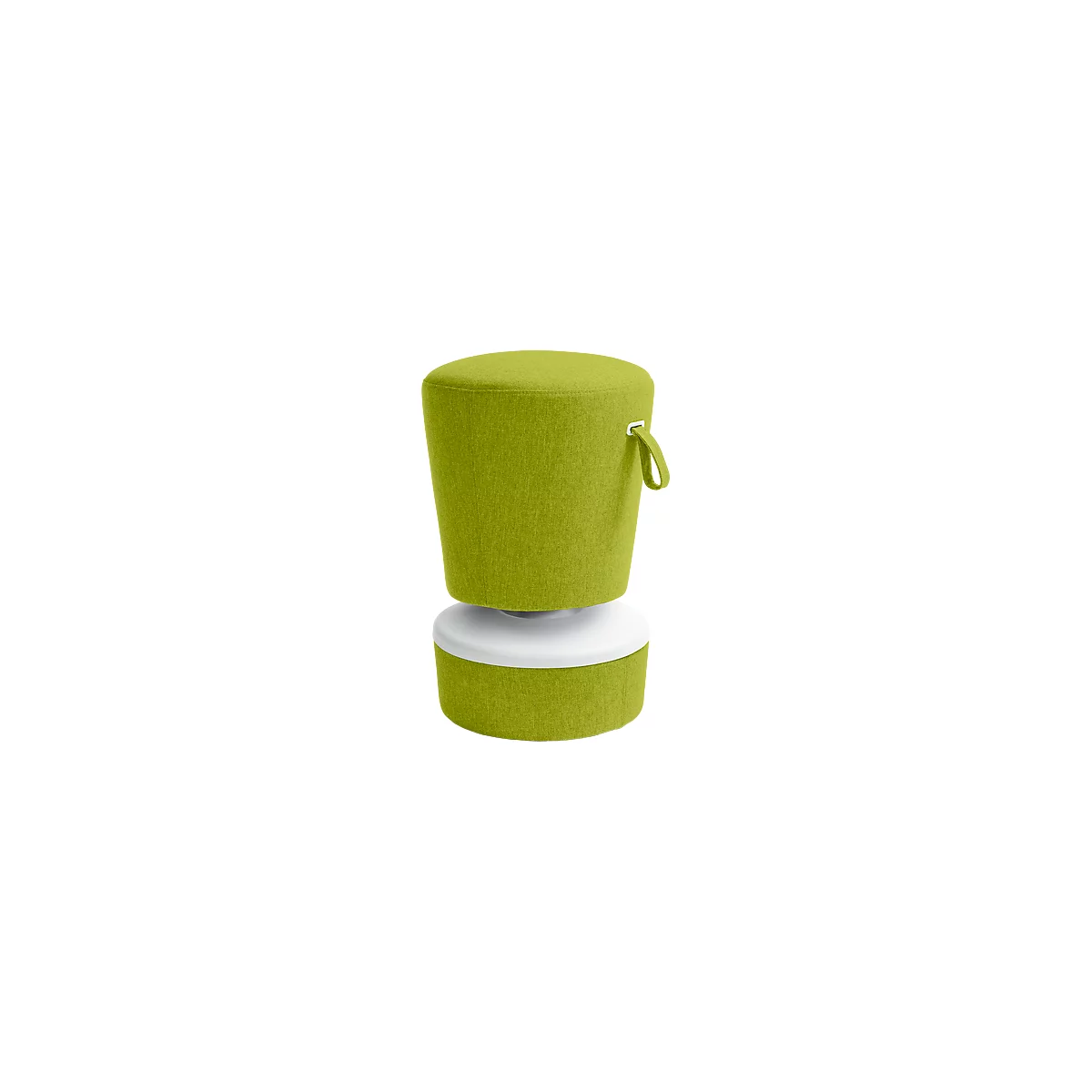 A green, cylindrical stool with a white base and handle.