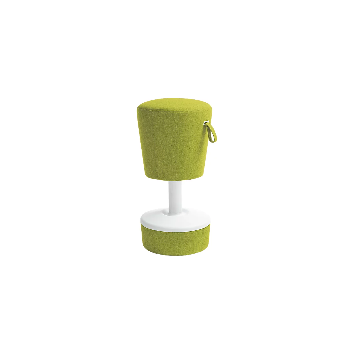 Green stool with white base and handle. The seat is round, the stool tapers downwards.