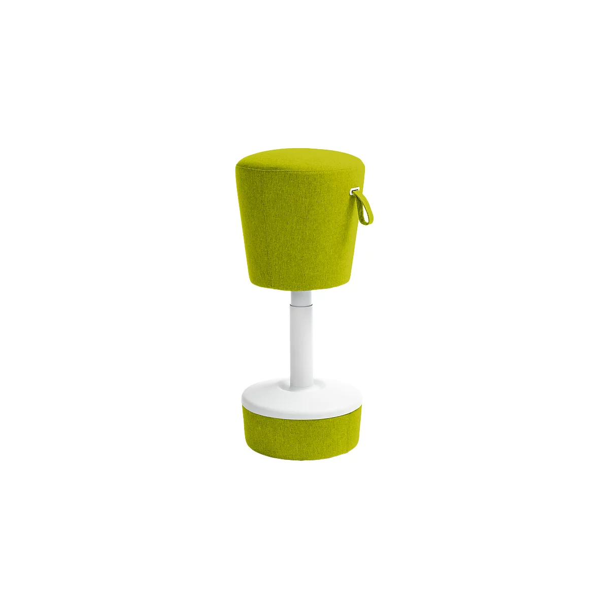 Stool with green seat, white frame, and handle. The seat is round and covered with fabric. The frame is height adjustable.