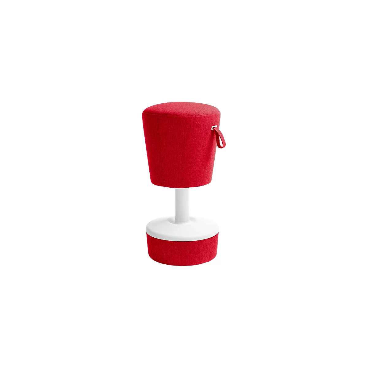 Red stool with white base and handle. The upper seating area and lower base are red, the middle section and foot are white.