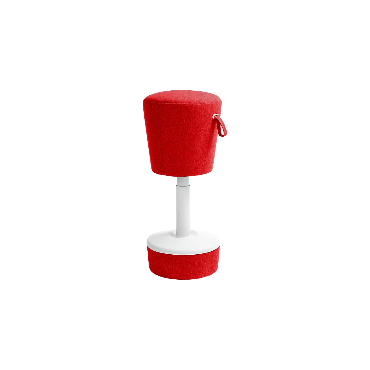 Red stool with white frame. The round seat cushion and bottom base are red, the support is white.