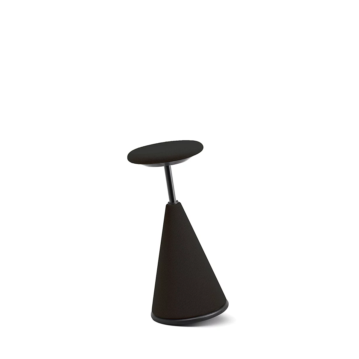 Black standing stool on white background. The stool has a round seat, a narrow, black stem, and a conical foot.