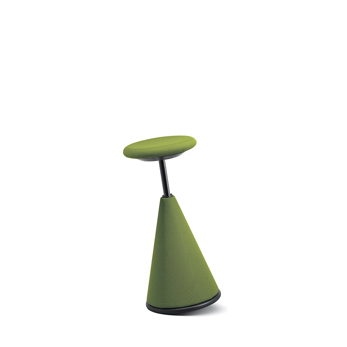 A green, cone-shaped stool with a black pillar and a round seat, against a white background.
