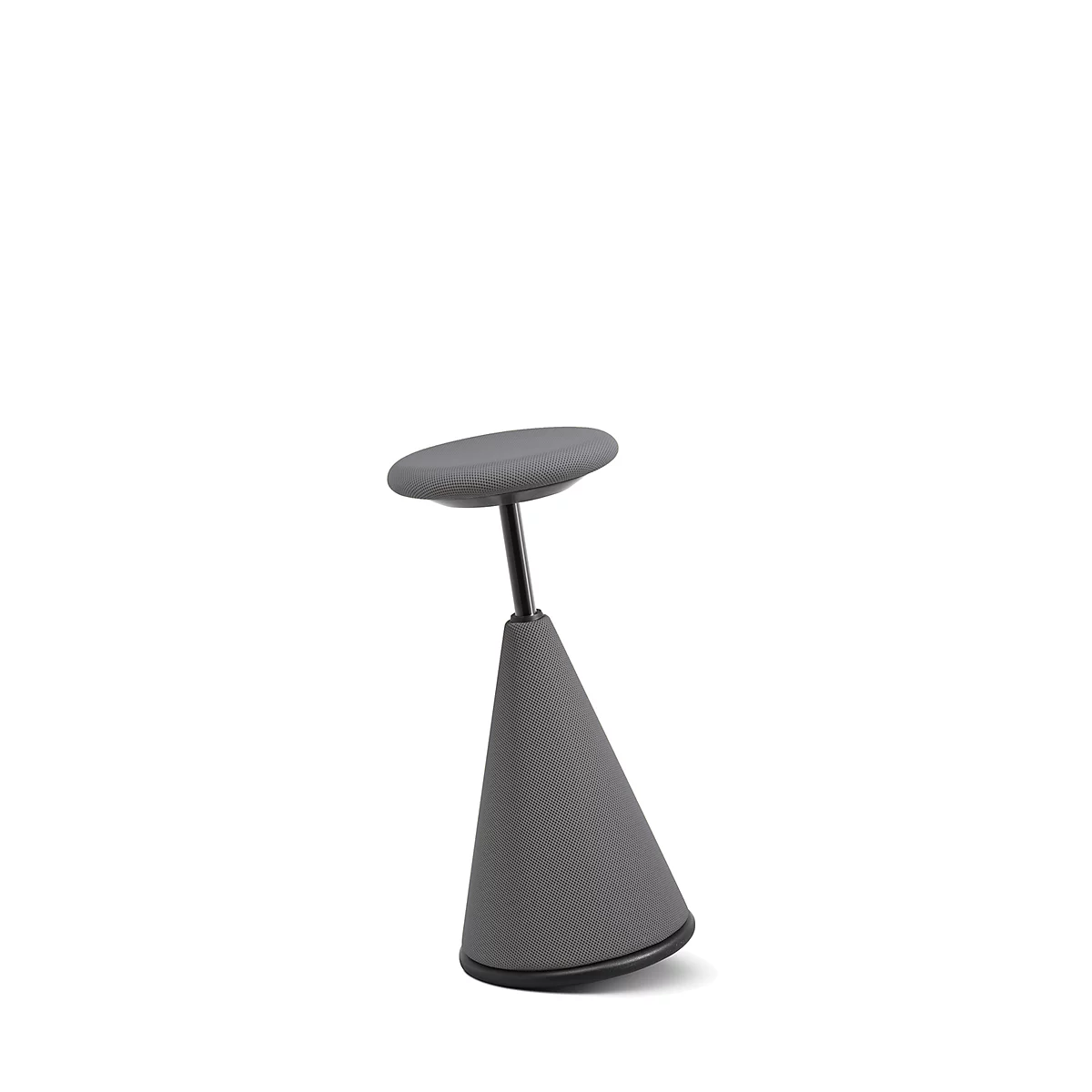 Gray standing stool with conical base, black stem, and round seat, isolated on white background.