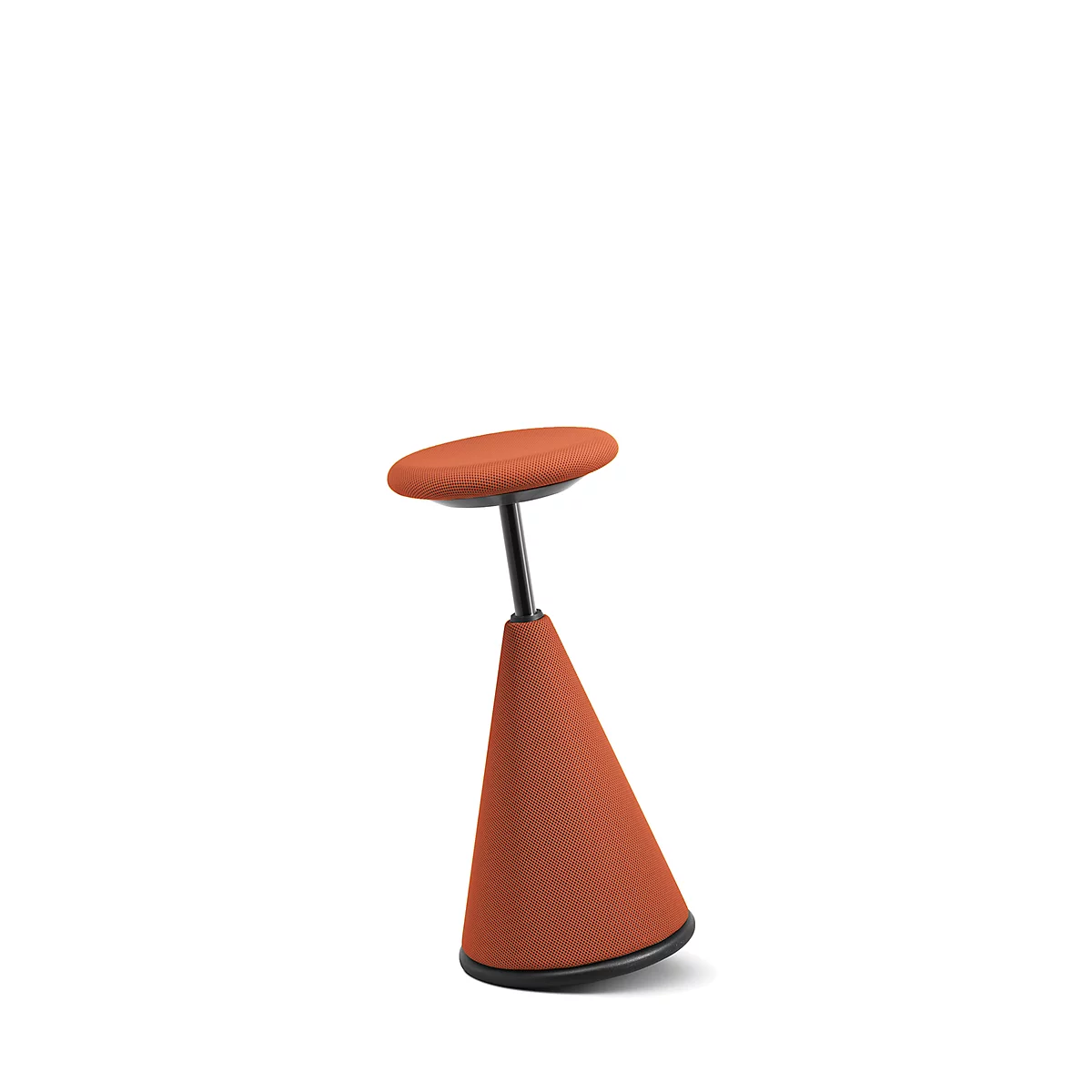 An orange standing stool with black base, column, and seat against a white background.