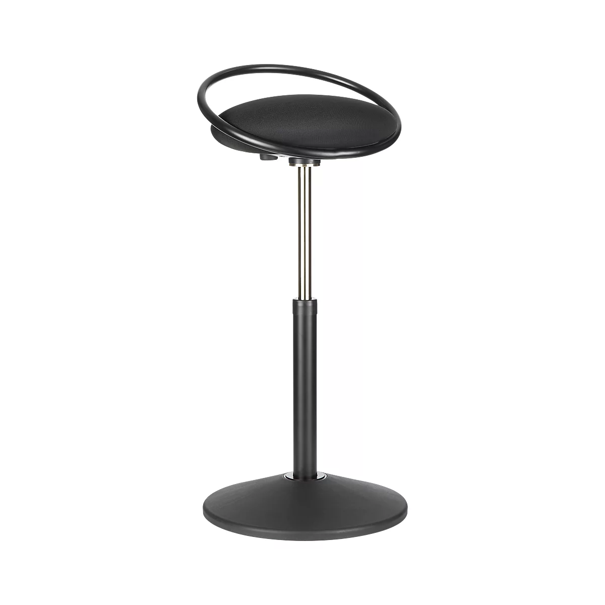 Black standing stool, round seat, metal frame, adjustable height.