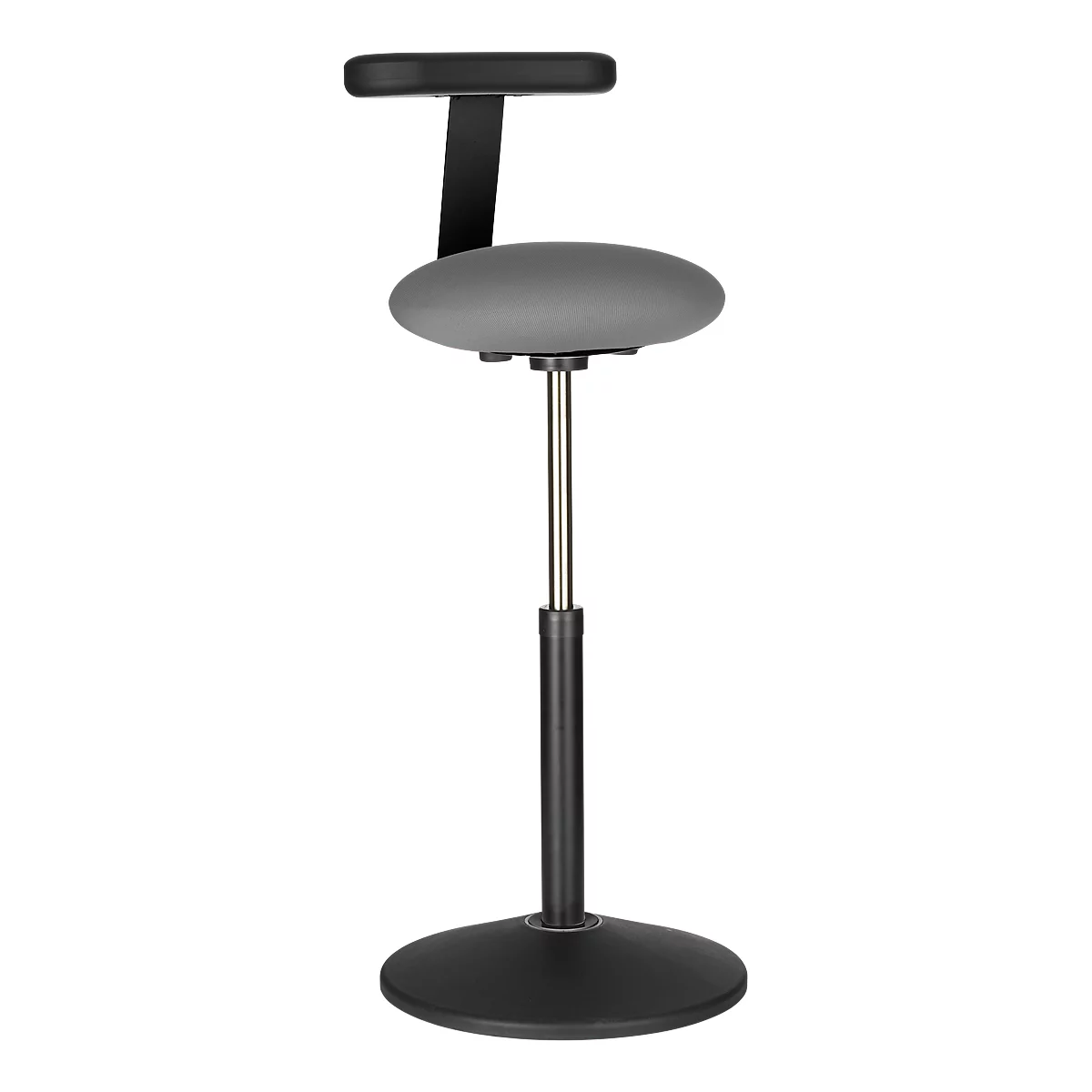 A gray ergonomic standing stool with a black frame.