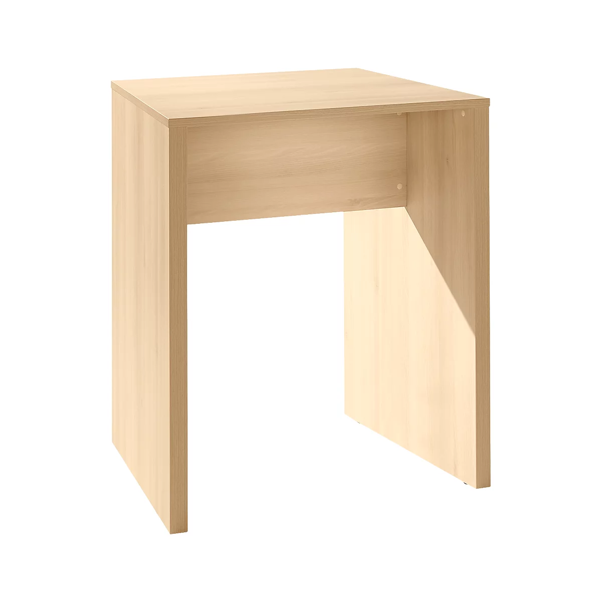 A small, square desk in light wood with one open side.
