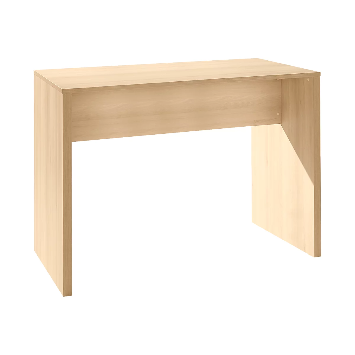 Light brown desk with rectangular top, attached to two side panels.