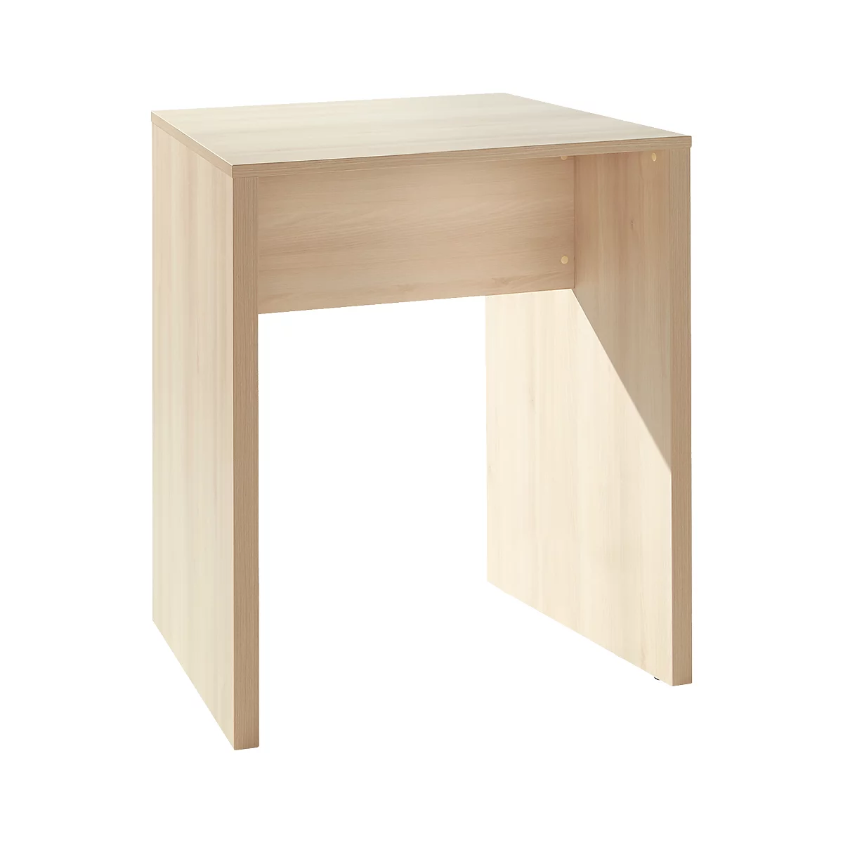 A square, light brown table without drawers, with open sides. Wood grain visible.