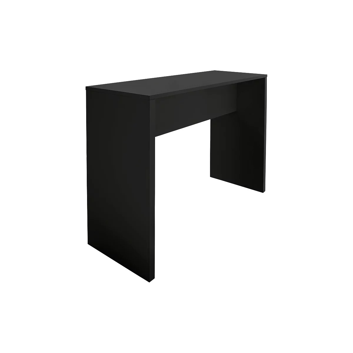 A black desk with a rectangular top and two legs.