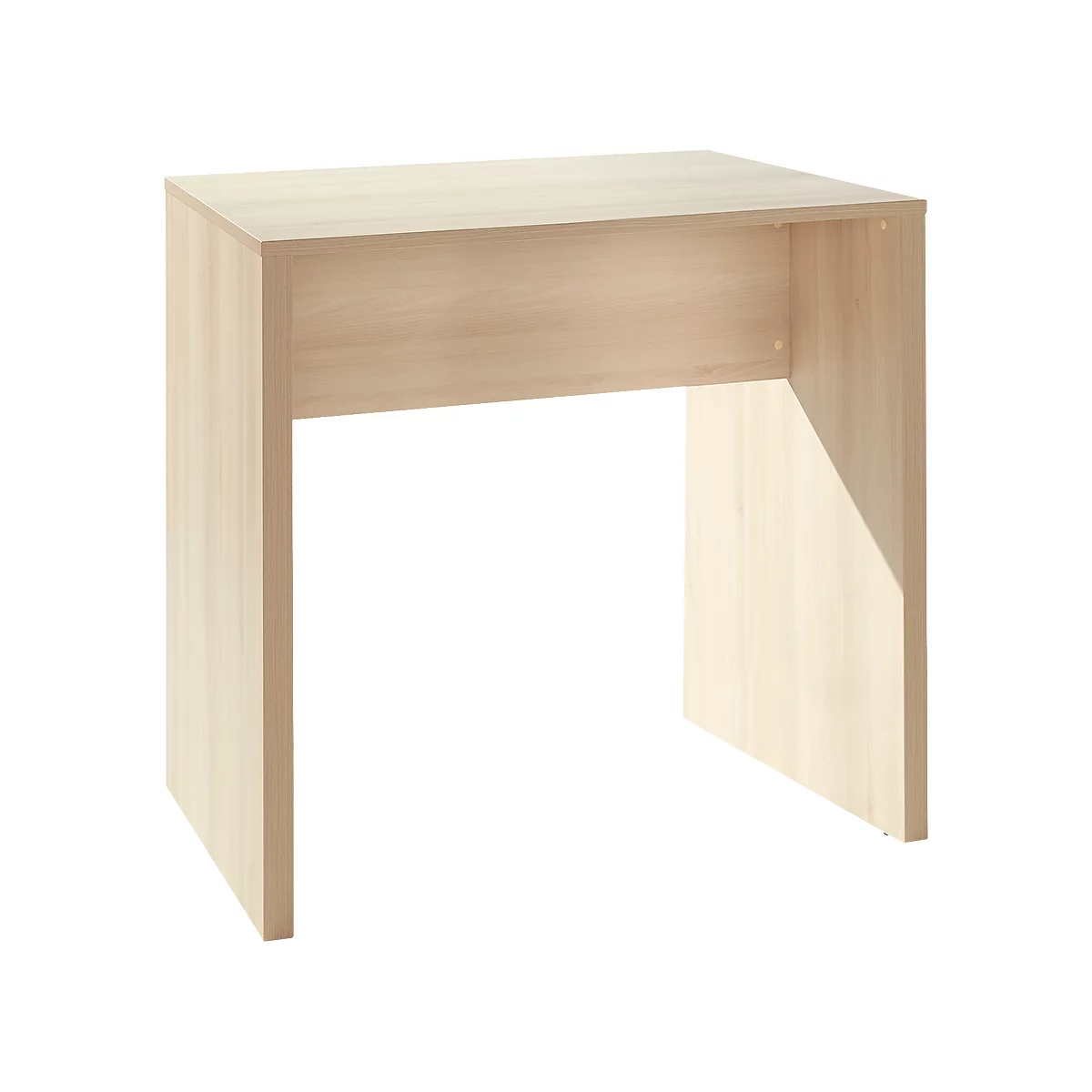 Small, rectangular desk made of light-colored wood with open sides.