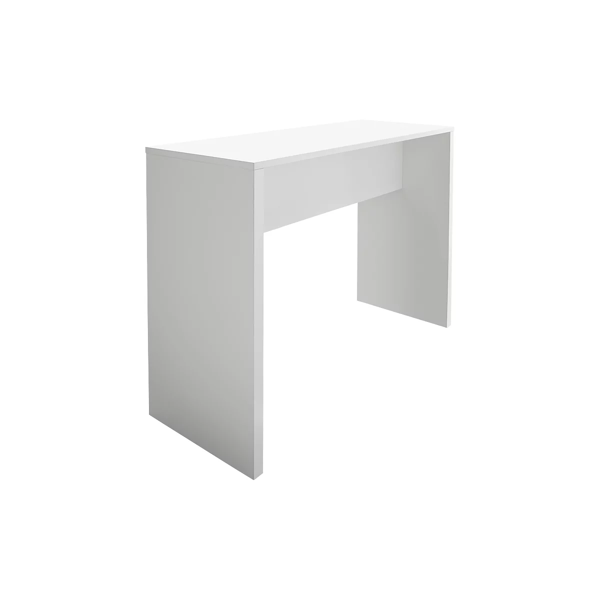 White desk with rectangular tabletop, two legs and a crossbeam.