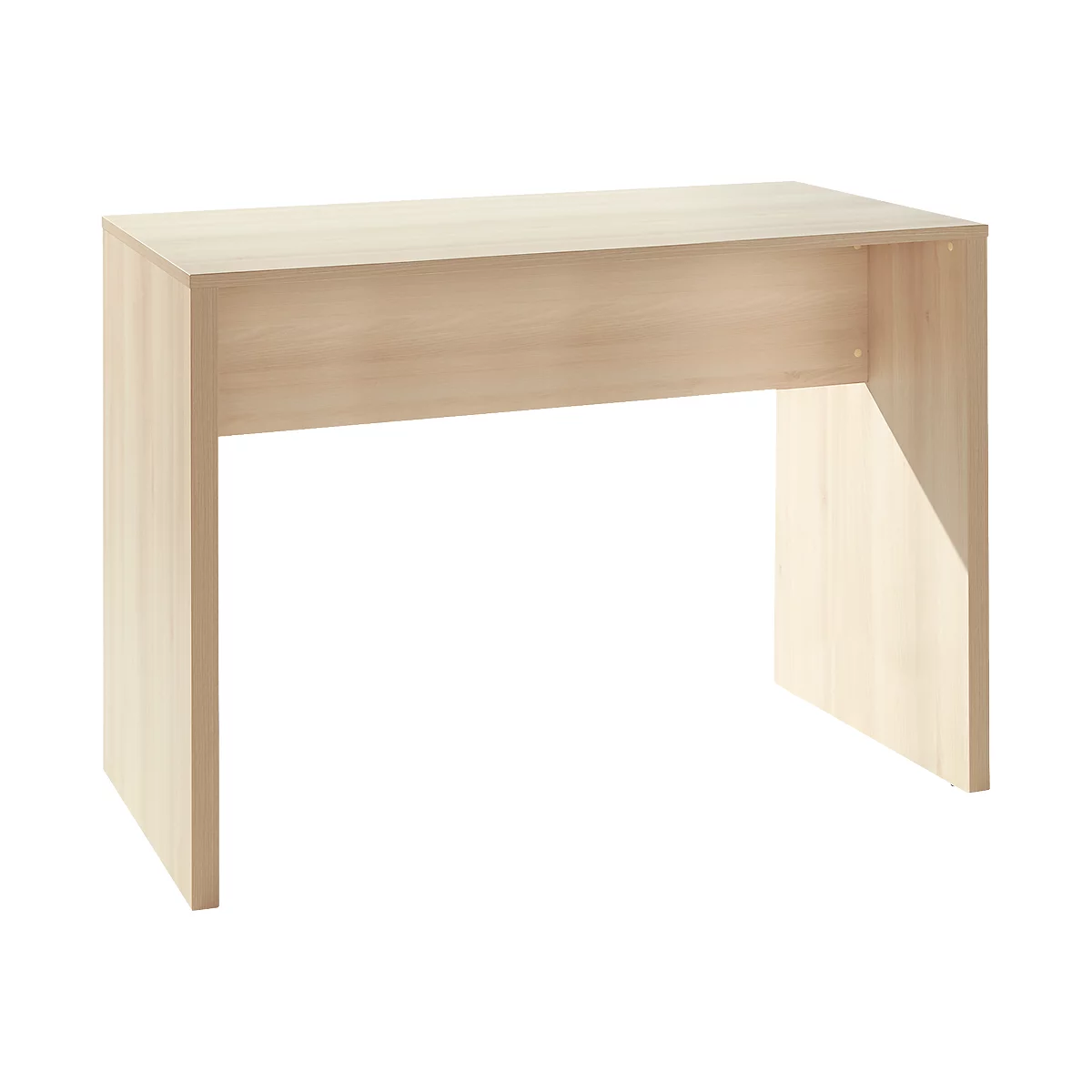 A light, rectangular wooden desk. It stands on two solid side panels and a table top. Simple, functional design.