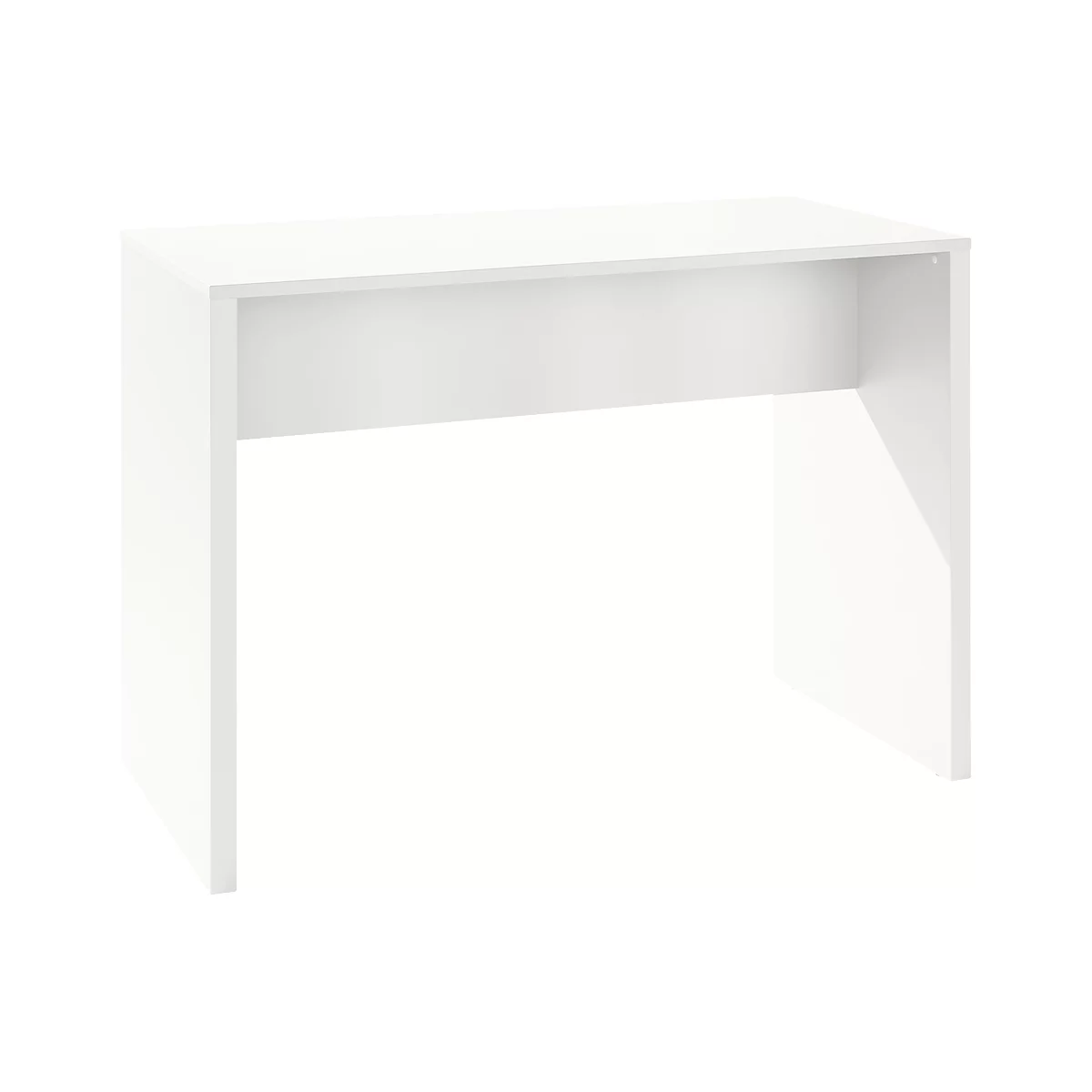 A white desk with a simple, modern design. The desk has a rectangular tabletop supported by four square legs, with an open compartment.