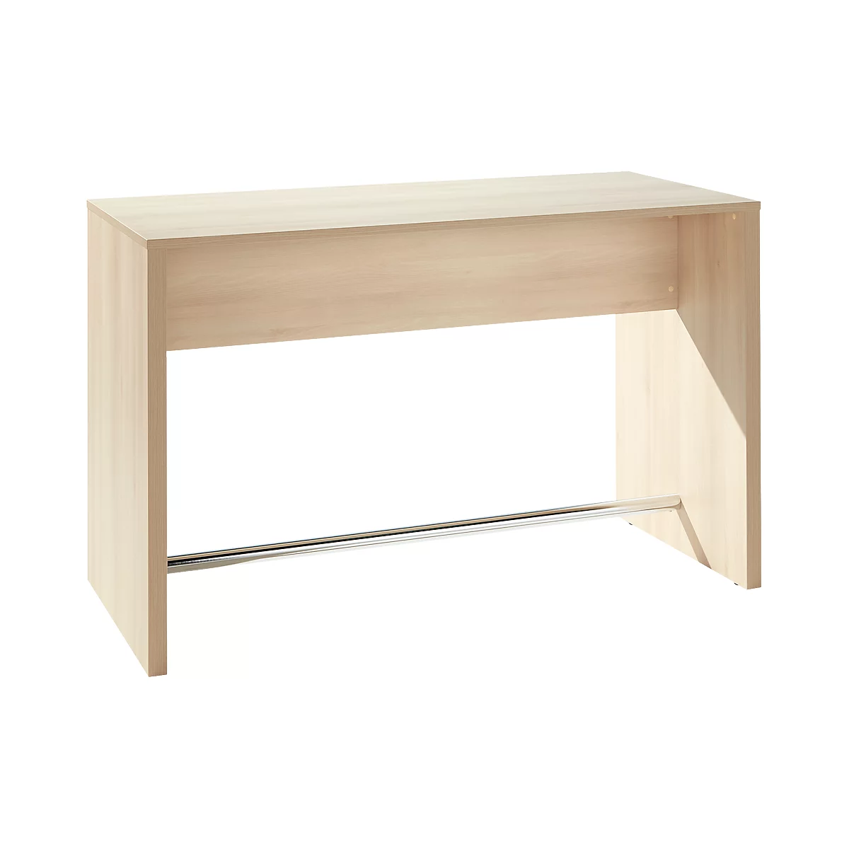 A light, wooden stand-up table that stands alone, with a metallic foot bar in the middle.