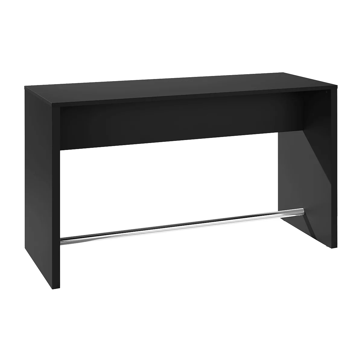 Black bar table with angular design, a footrest, and a simple shape.