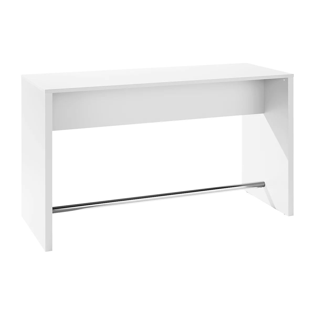 White bar table, minimalist design. Rectangular tabletop, two massive side parts, footrest.