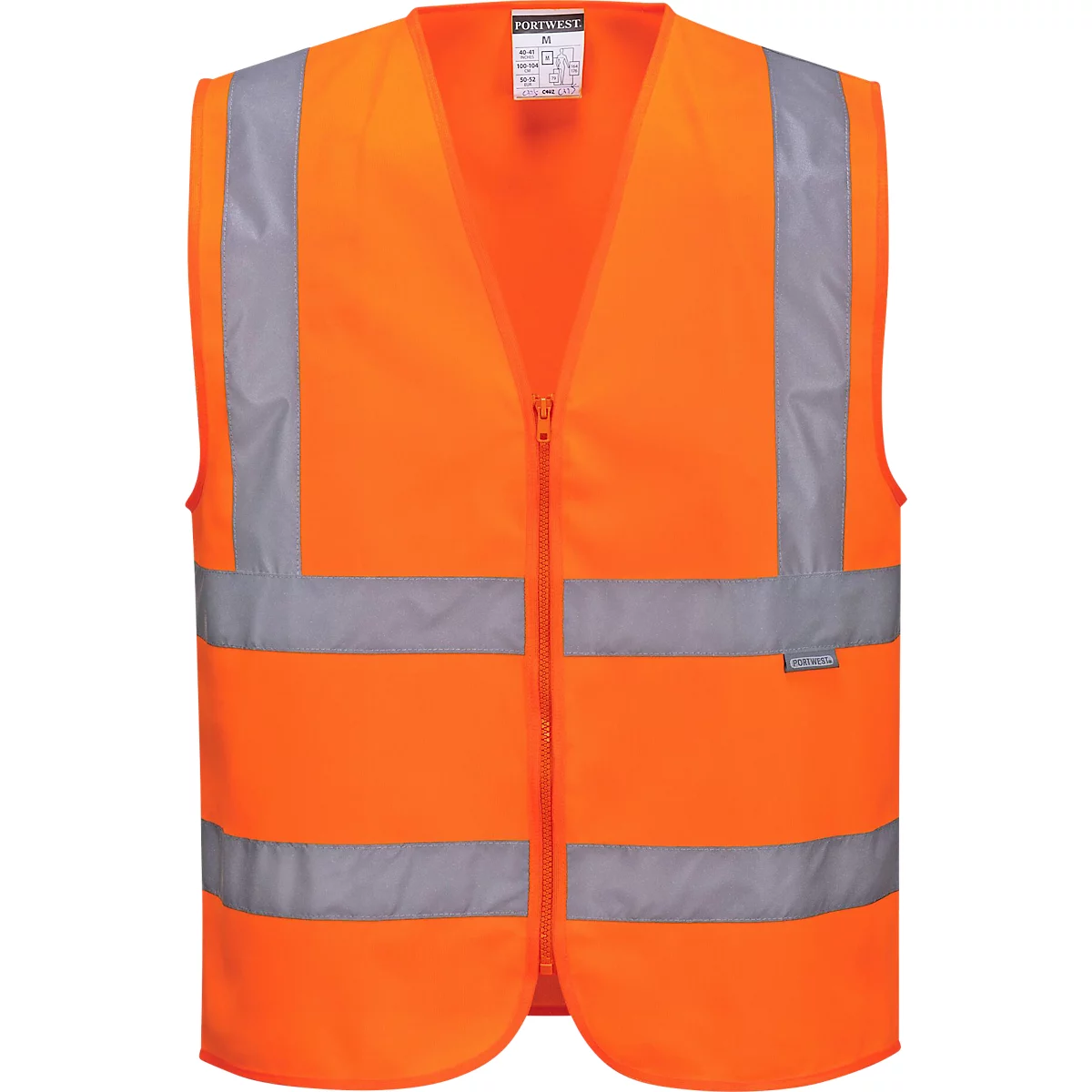 Orange safety vest with reflectors and zipper.