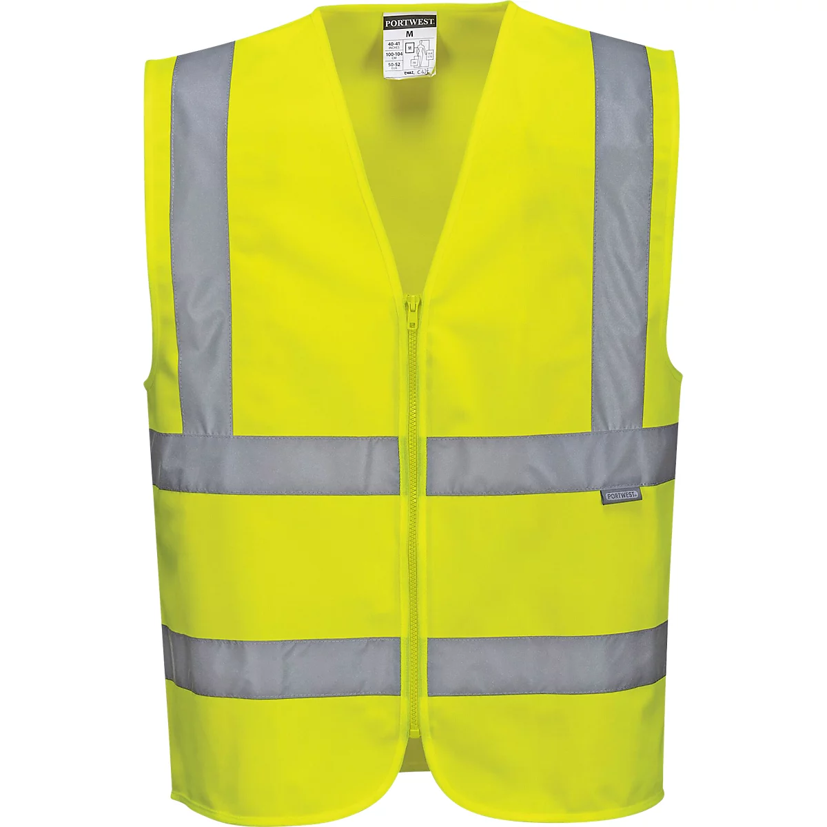 Yellow safety vest with reflective stripes and zipper.