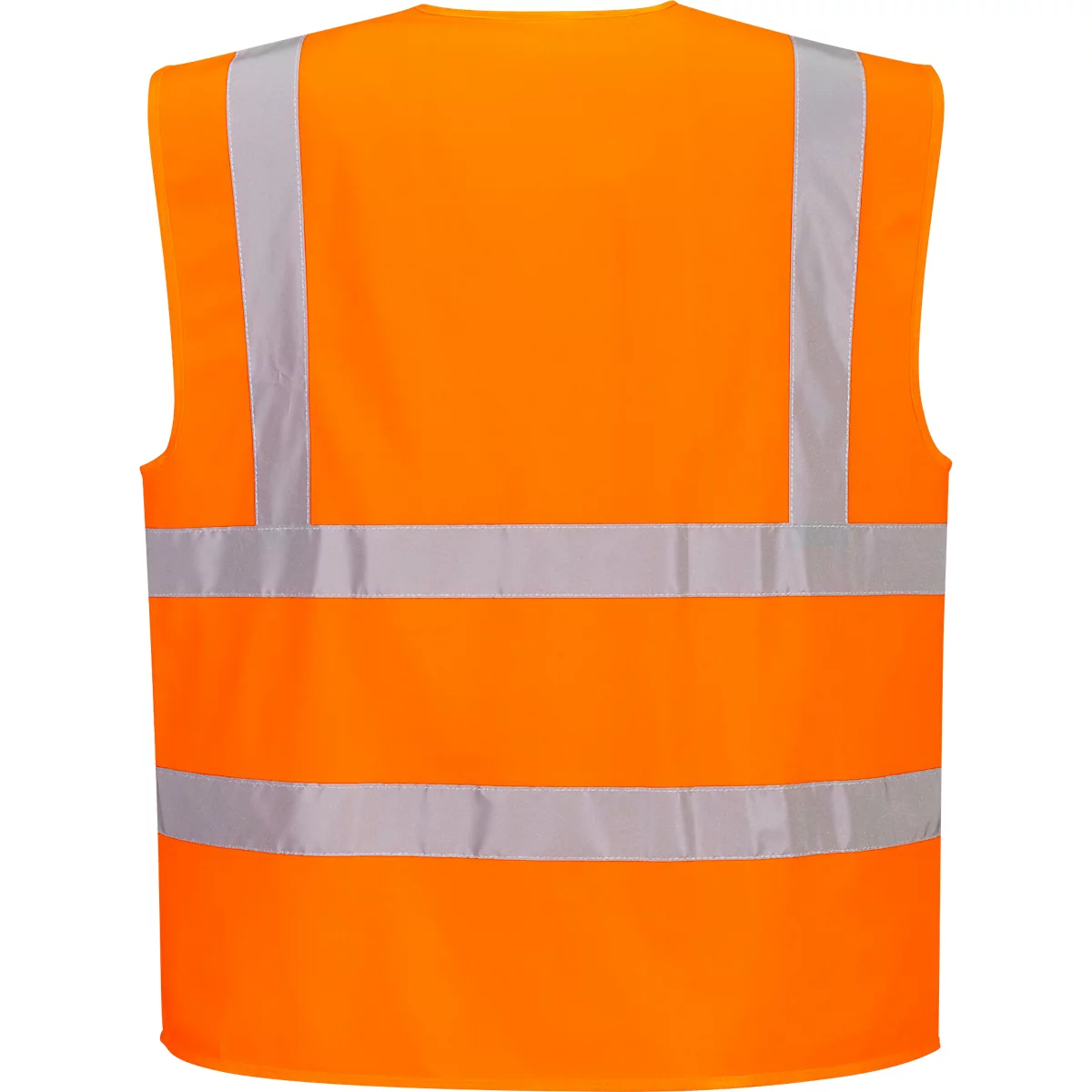 Orange high-vis vest with silver reflective stripes. Two vertical stripes on the shoulders, three horizontal stripes on the back.