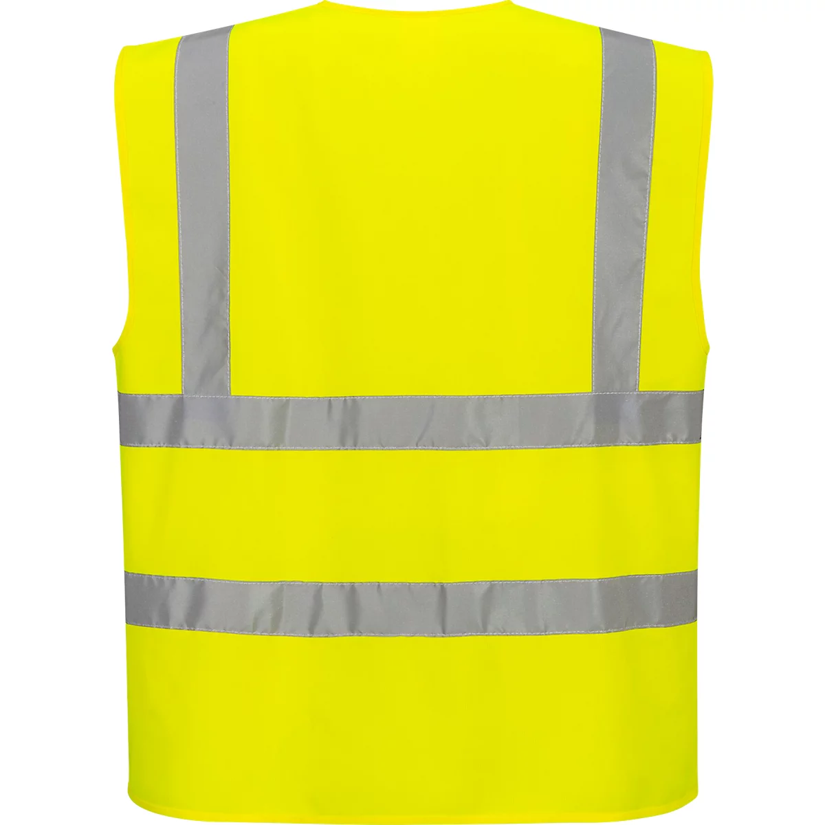 Yellow high-visibility vest with gray reflective stripes, back view.