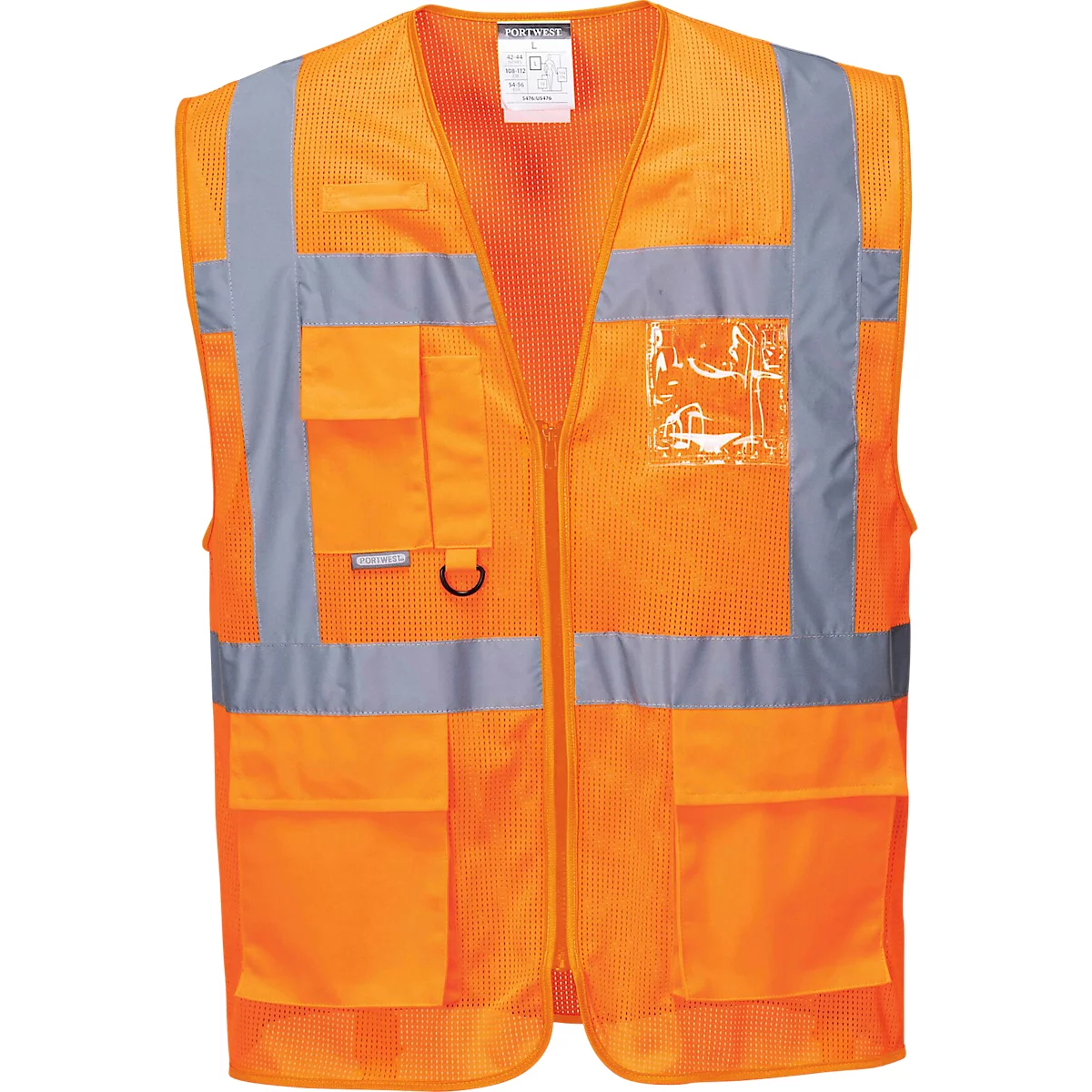 An orange high-visibility vest with grey reflective stripes, zipper, and various pockets.