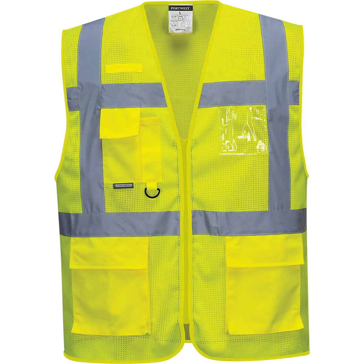 Yellow safety vest with reflectors, zipper, and pockets.