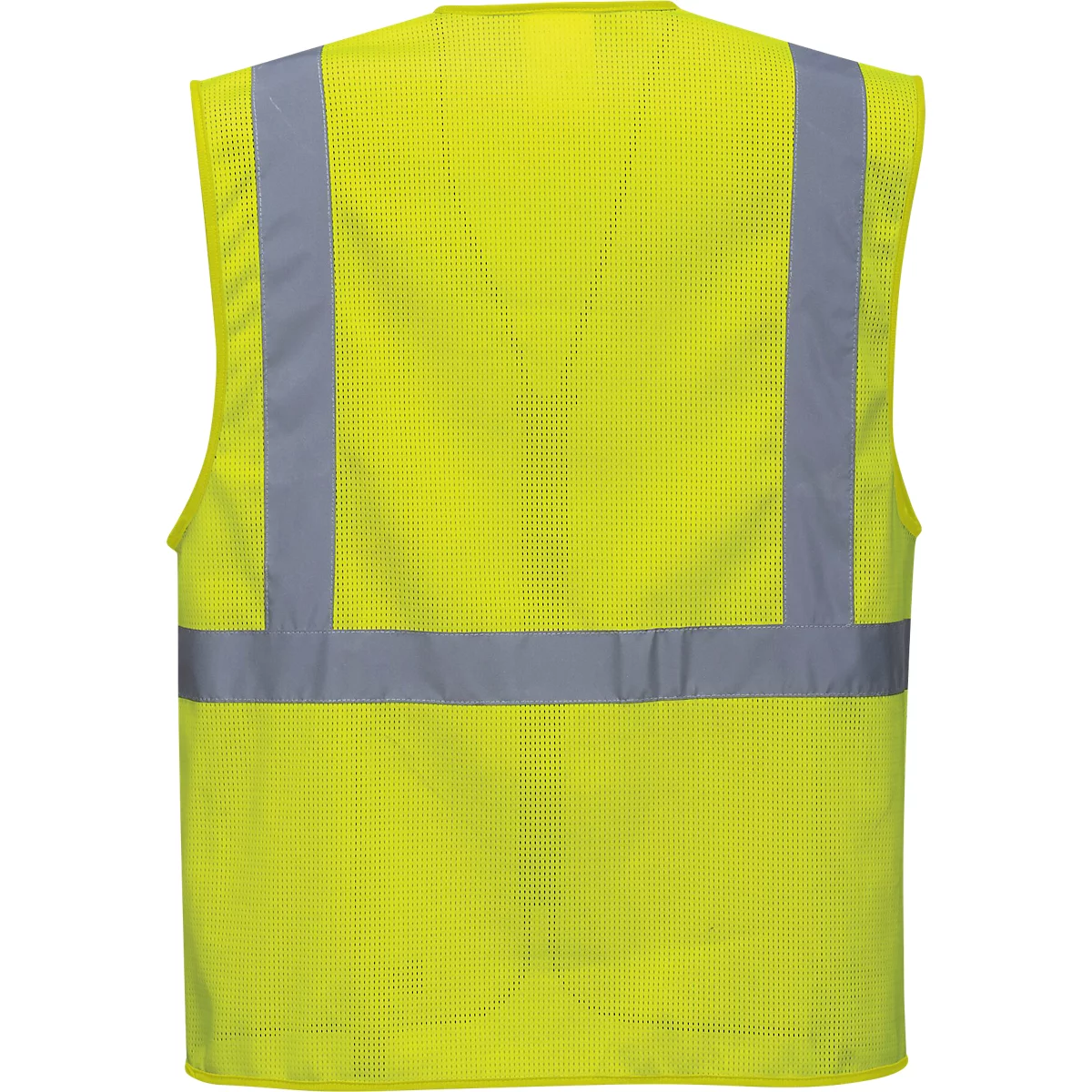 Yellow safety vest with gray reflective stripes. Back view.