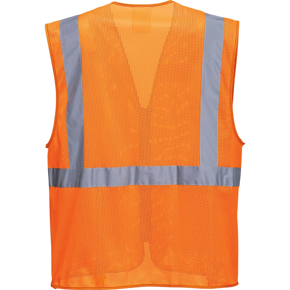 A bright orange safety vest with silver reflective stripes.