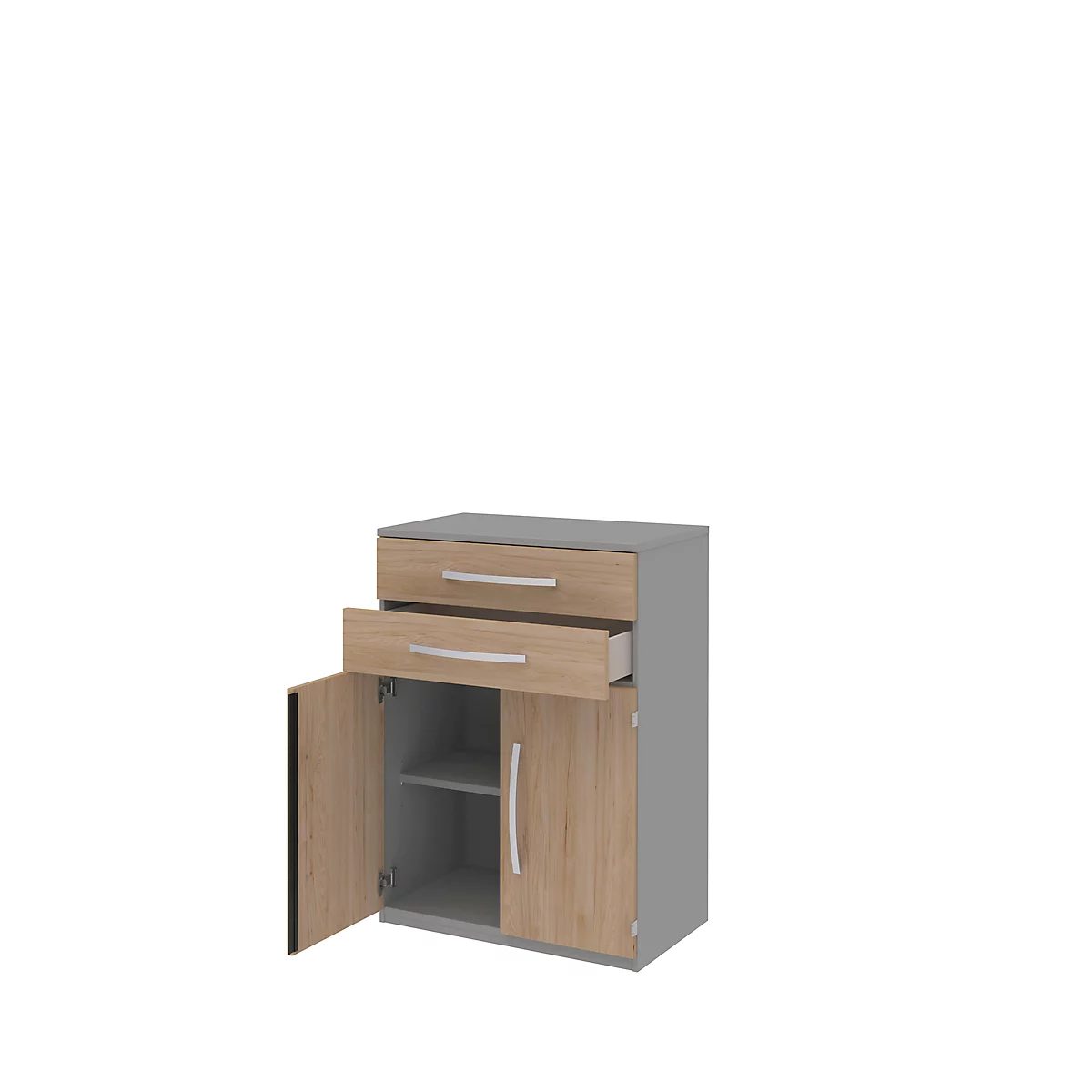 Highboard BARI, 3 HC, 2 tiroirs, 2 portes, 1 étagère, l. 819 x P 430 x H 1117 mm, coloris chêne/gris moyen