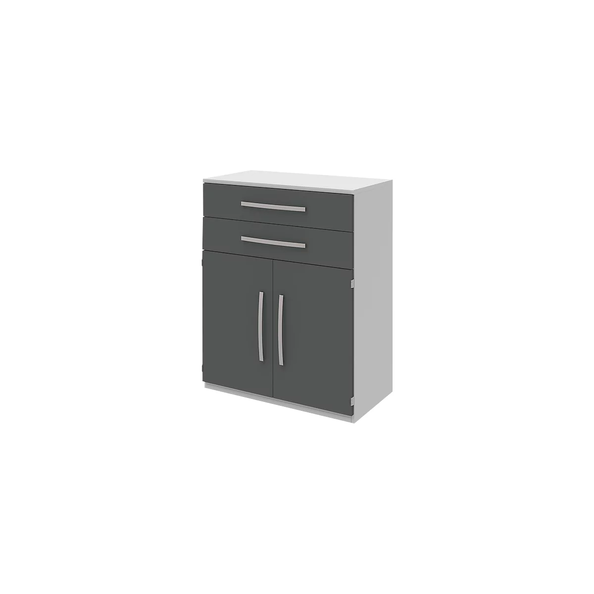 Highboard BARI, 3 HC, 2 tiroirs, 2 portes, 1 étagère, l. 819 x P 430 x H 1117 mm, gris clair/anthracite