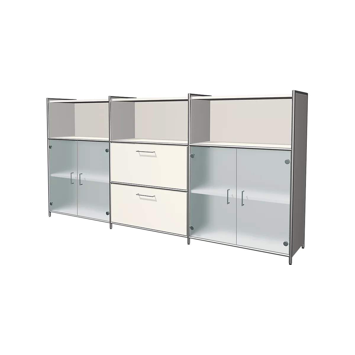 Highboard Toledo, 2 tiroirs, 3 casiers, 3 HC, portes vitrées, l. 2360 x P 380 mm, blanc