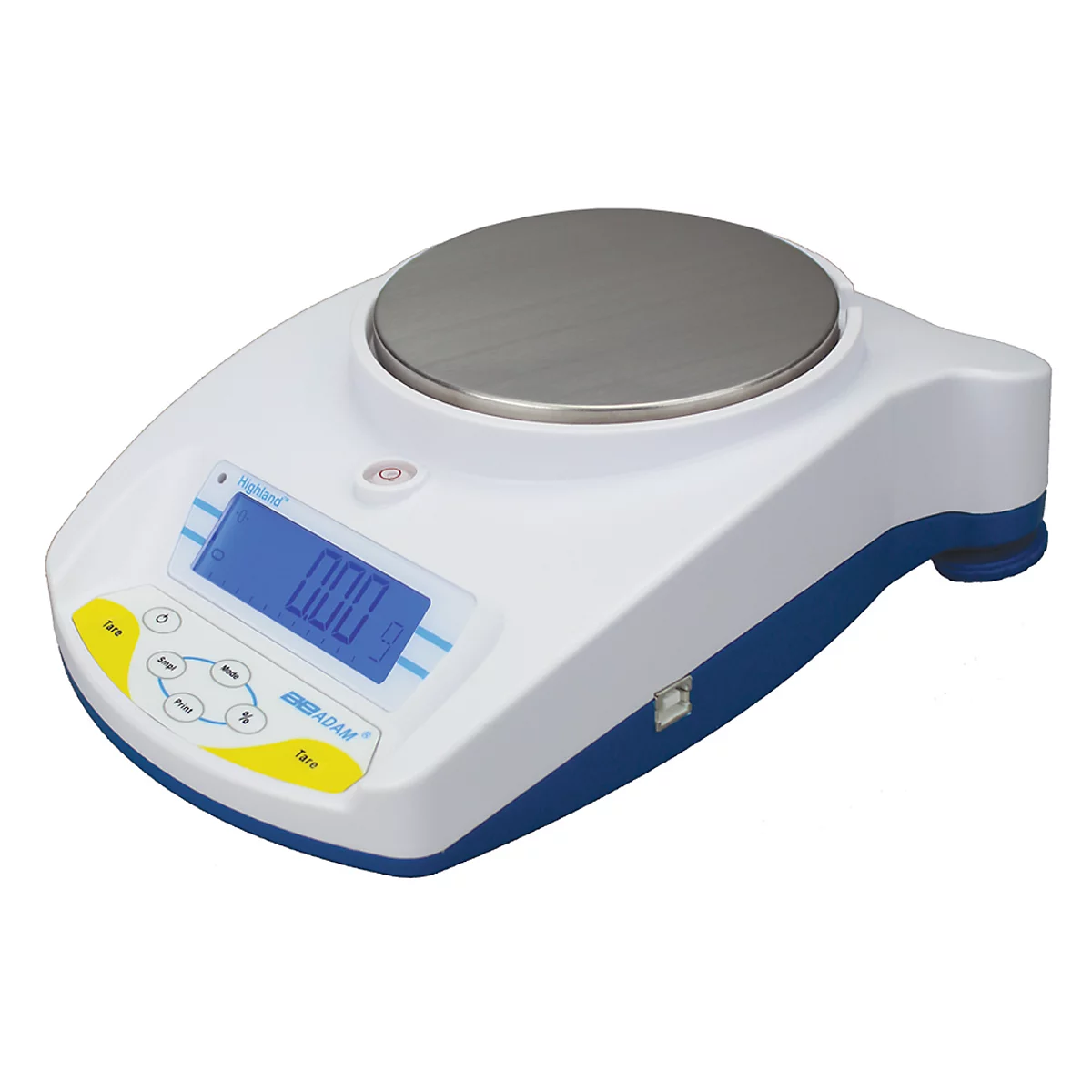 A white laboratory scale with blue accent and a round weighing plate. The display reads '0.00 g'.