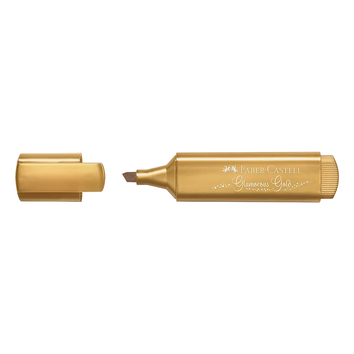 Gold-colored highlighter with cap beside it. The pen says "FABER-CASTELL Glamorous Gold".
