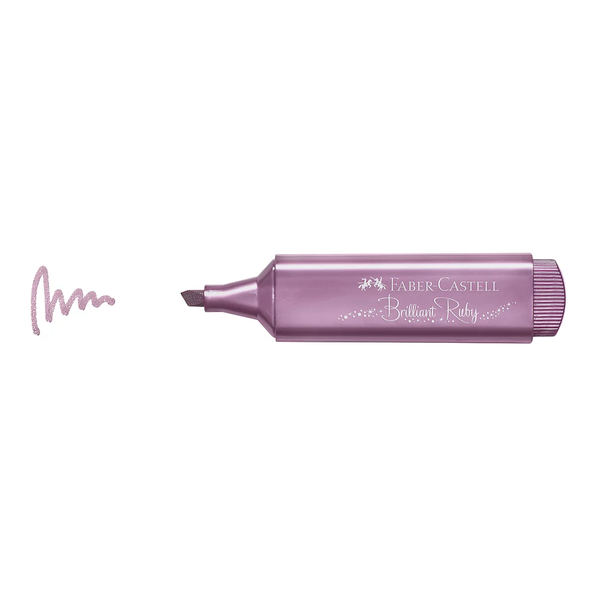 Light purple Faber-Castell highlighter pen with the text "Brilliant Ruby", next to it a wavy mark.