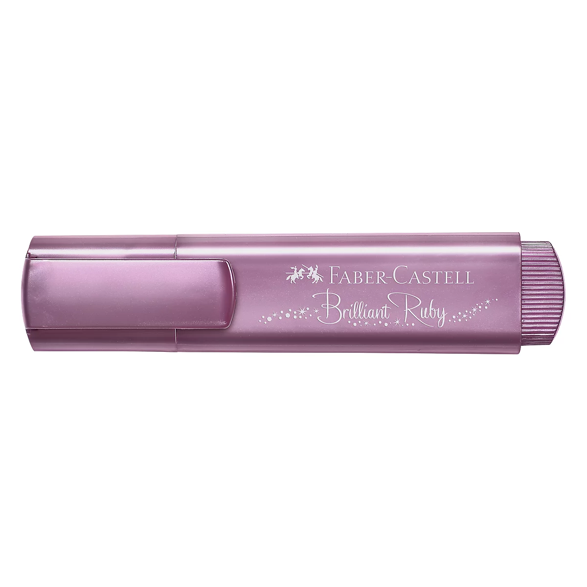 A pink highlighter by Faber-Castell with the inscription "Brilliant Ruby".