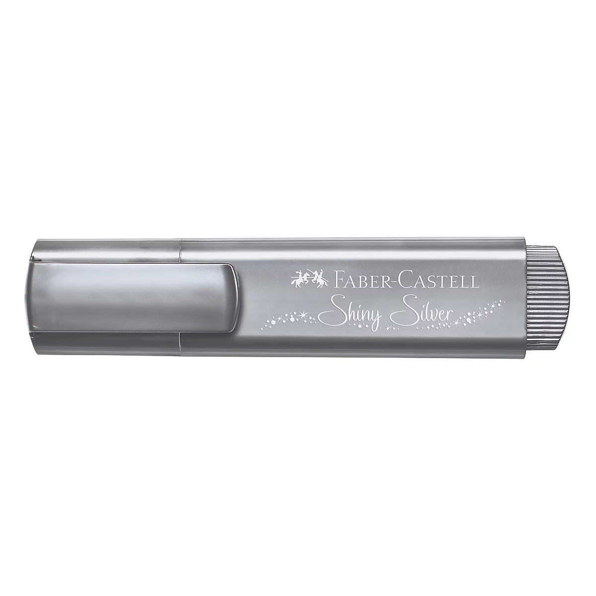 A silver Faber-Castell Shiny Silver highlighter. The name is engraved on the pen.