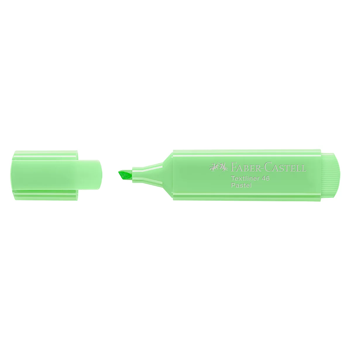 A light green Faber-Castell highlighter is open, with the cap next to it. The pen has a beveled tip.