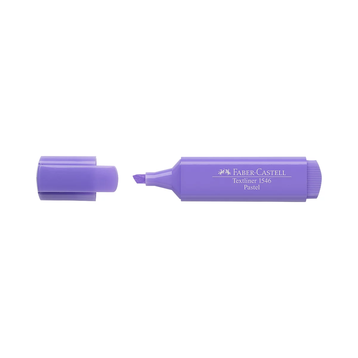 A purple Faber-Castell highlighter. The pen lies in front of a white background with the cap attached.